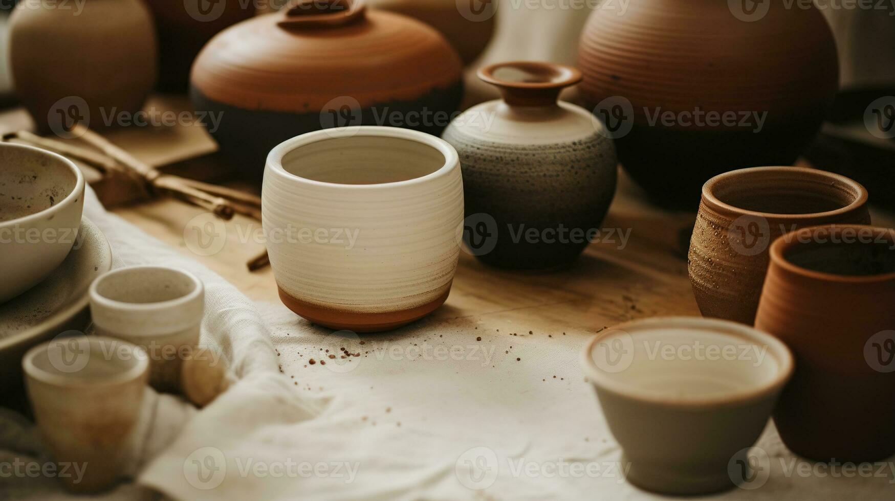 Generative AI, crafted pottery, still life of hand made pottery and ceramic bowls, hobby and leisure concept photo