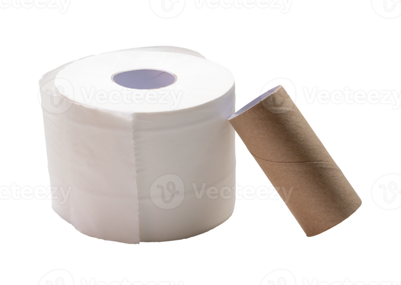 Single roll of white tissue paper or napkin with core prepared for use in toilet or restroom isolated with clipping path in png file format