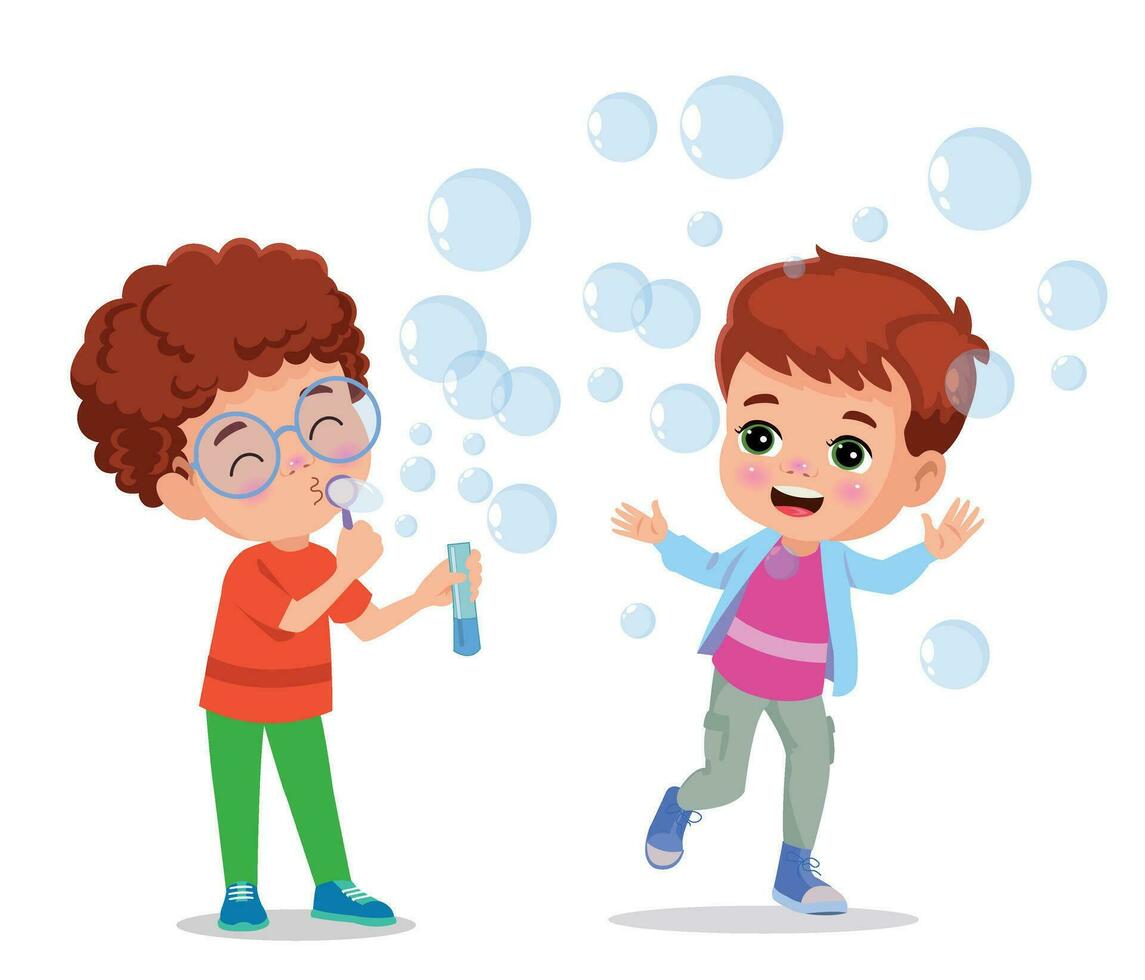 linda niños jugando con burbujas vector