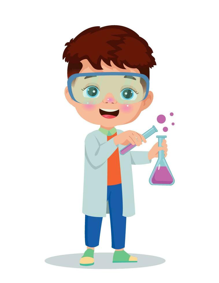 pequeño científico haciendo experimentos y investigación vector