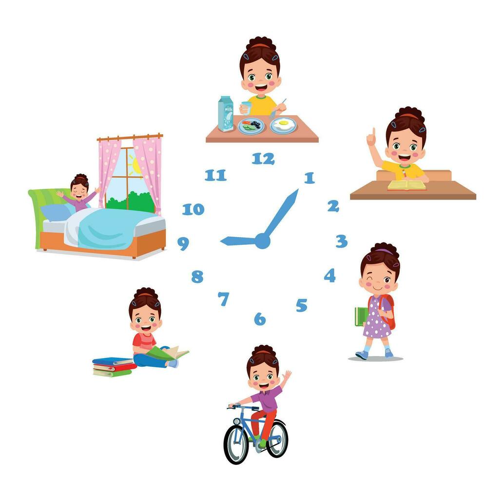 Cartoon kid daily routine activities set vector