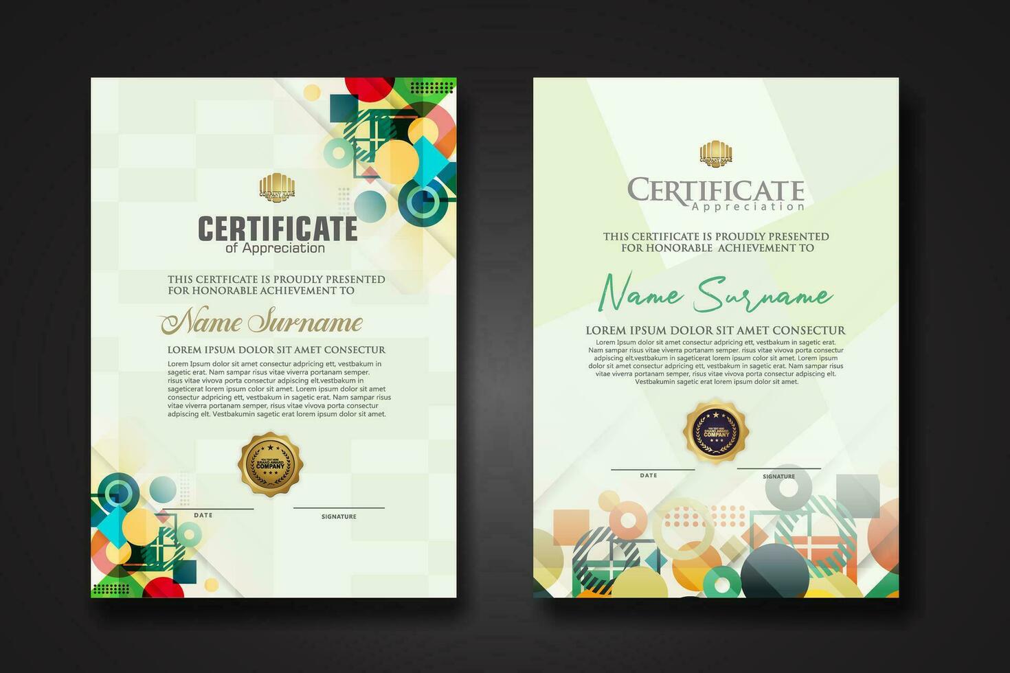 modern certificate template with dynamic color on geometric shape ornament vector