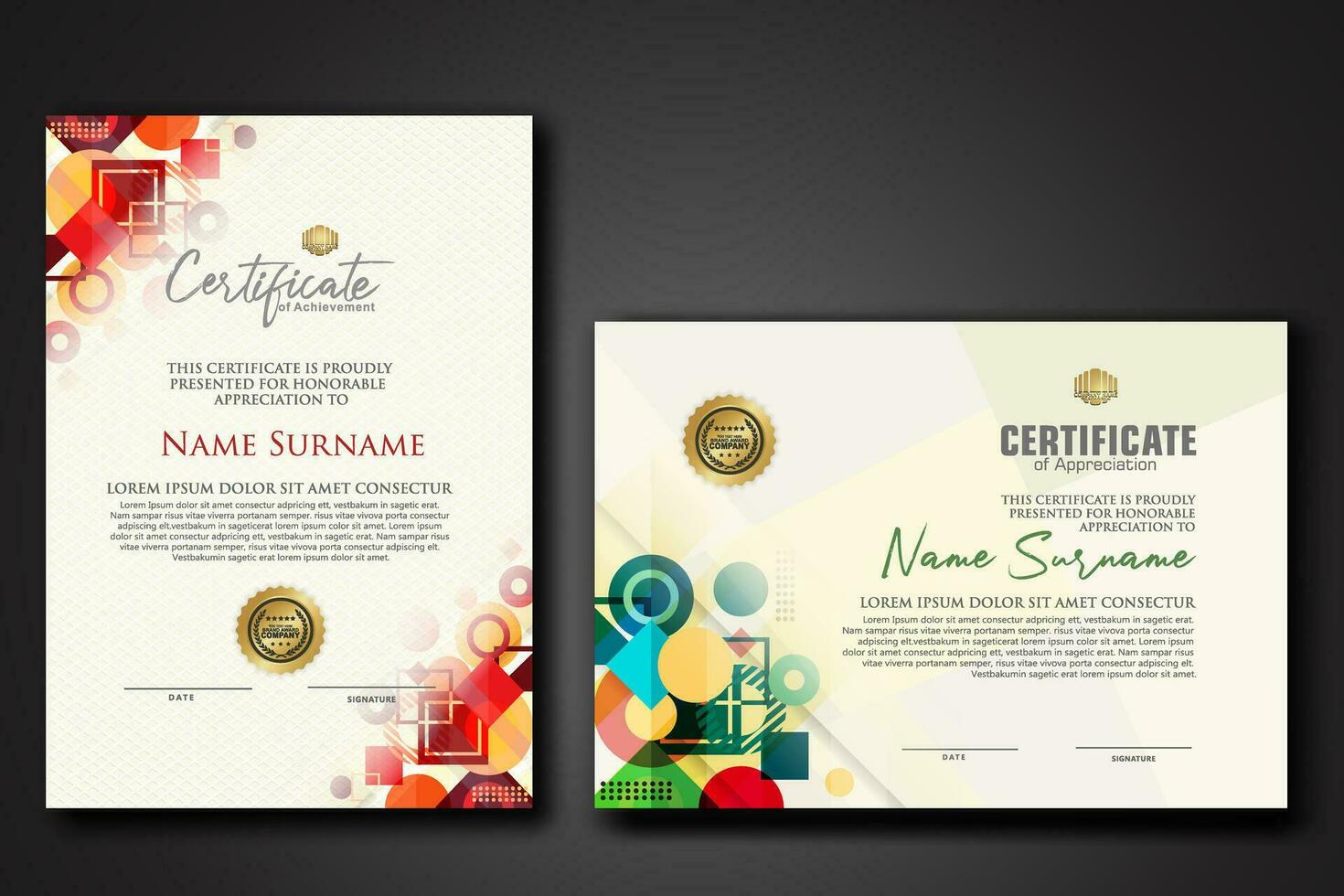 modern certificate template with dynamic color on geometric shape ornament vector