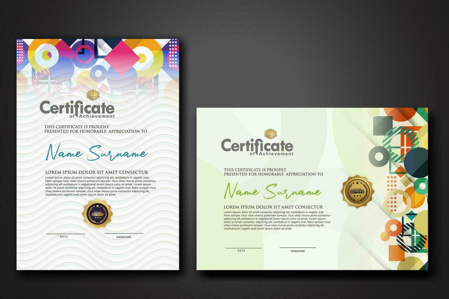 modern certificate template with dynamic color on geometric shape ornament vector