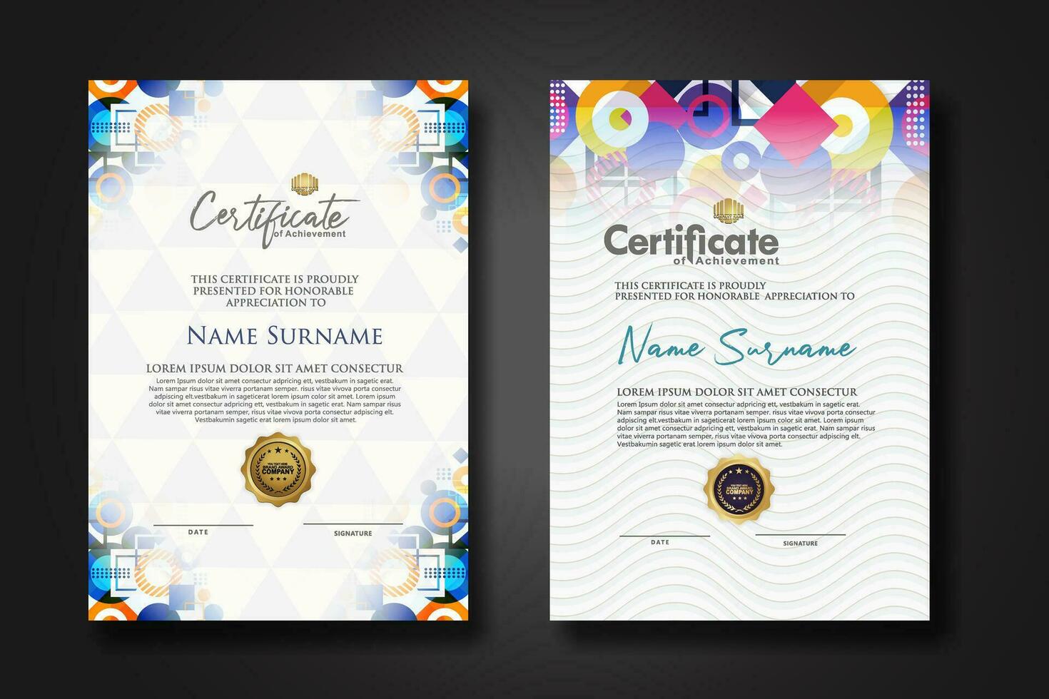 modern certificate template with dynamic color on geometric shape ornament vector