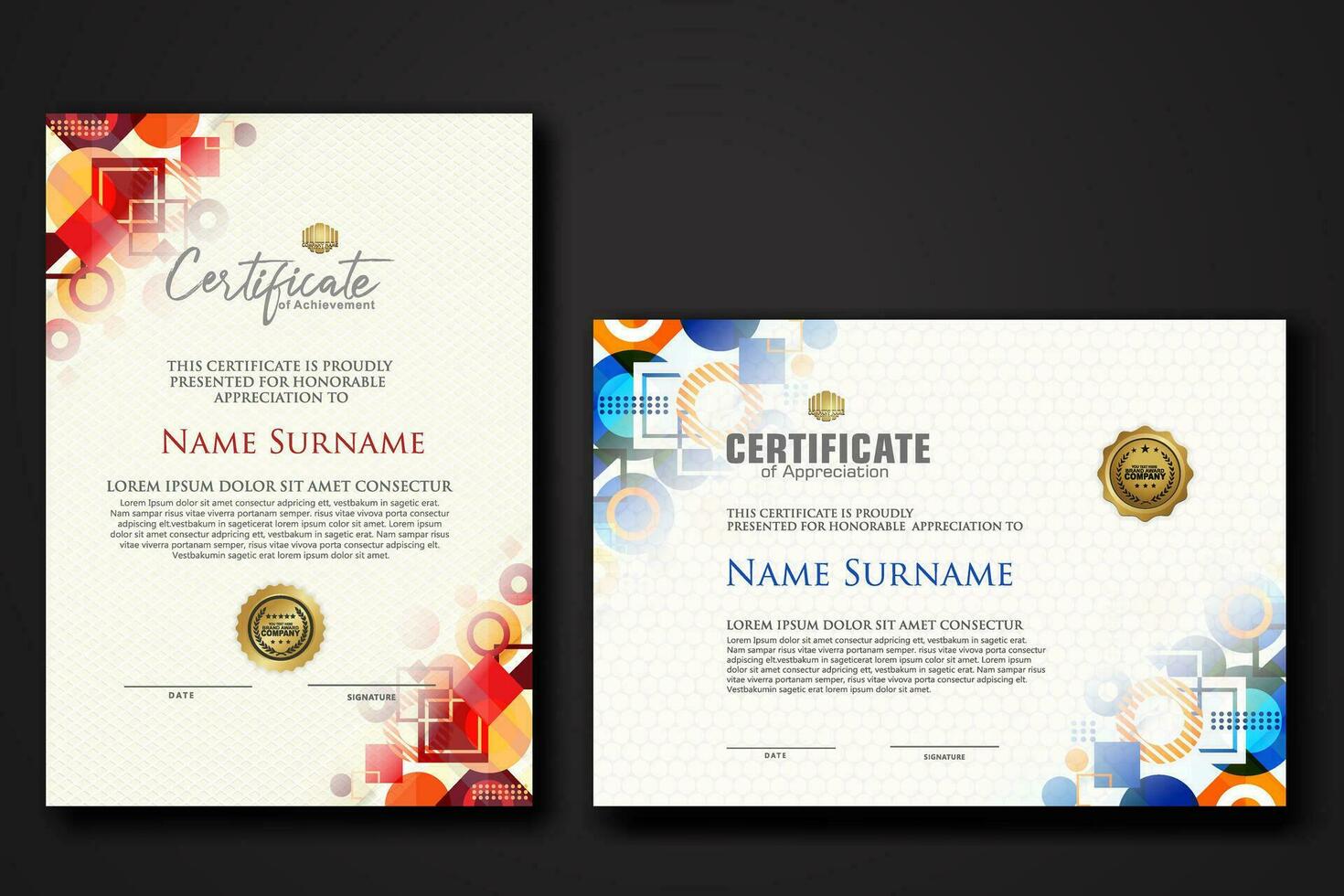 modern certificate template with dynamic color on geometric shape ornament vector