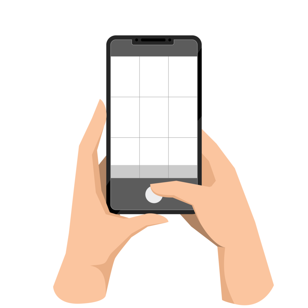 Hand holding phone, taking mobile photo. Making photograph with grid on smartphone screen. Using camera for shooting, recording video. Flat graphic illustration isolated on png