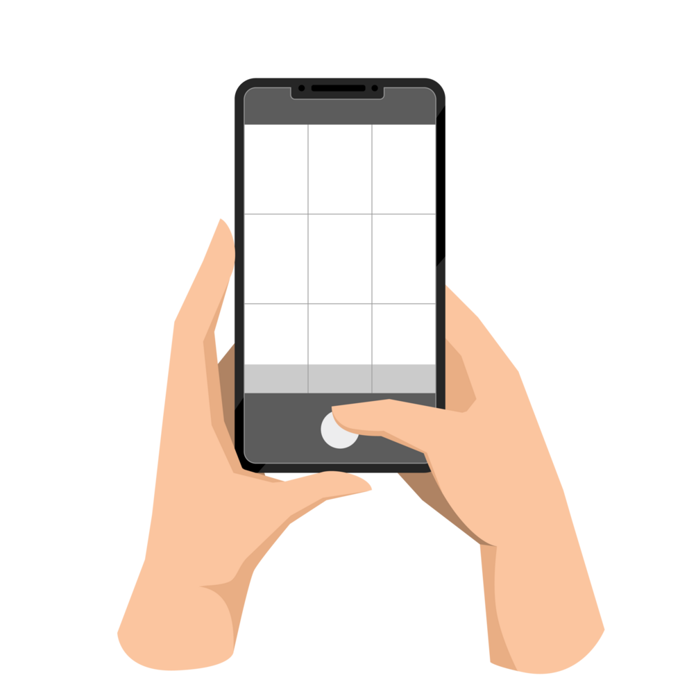 mano Tenere Telefono, assunzione mobile foto. fabbricazione fotografia con griglia su smartphone schermo. utilizzando telecamera per tiro, registrazione video. piatto grafico illustrazione isolato su png