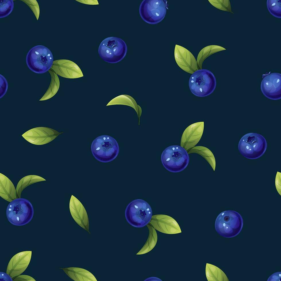 Seamless pattern of blueberries. Texture of blue berries and leaves. Blueberry sprigs for fabric, wallpaper, wrapping paper, etc. vector