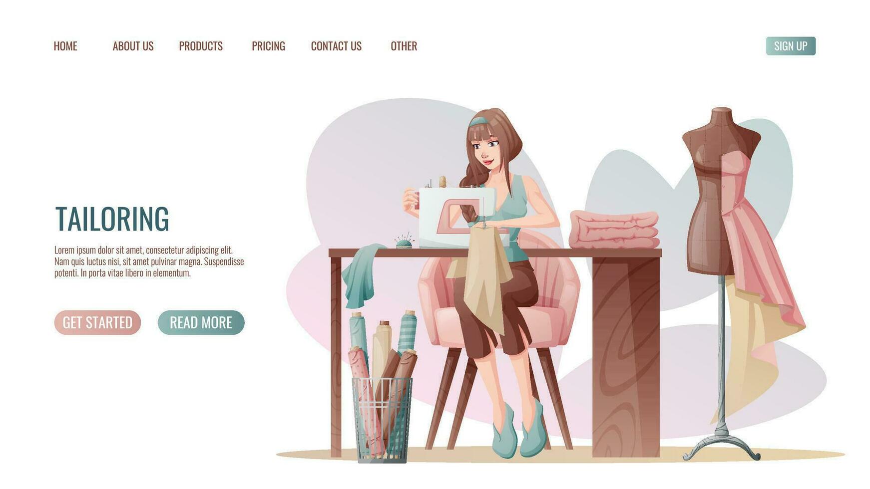 Sewing workshop landing page or web banner template. The dressmaker works on a sewing machine. Profession creative studio. Vector illustration