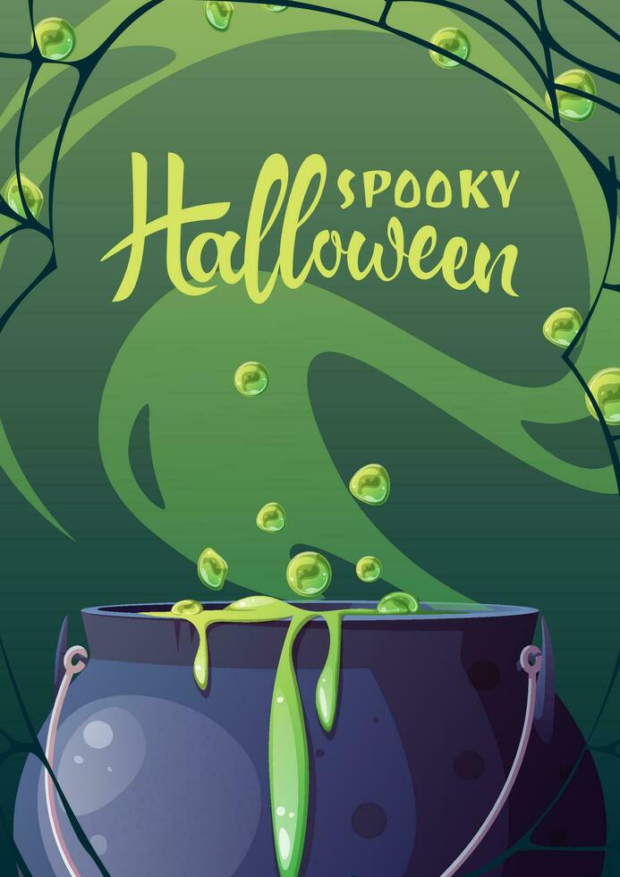 Greeting card for Halloween. Witch s cauldron, broom, hat, spider s web. Flyer, banner for All Saints Day with creepy items. vector