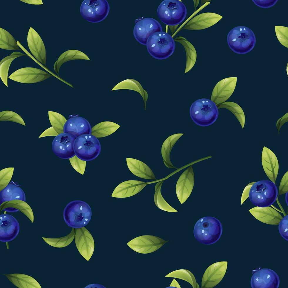 Seamless pattern of blueberries. Texture of blue berries and leaves. Blueberry sprigs for fabric, wallpaper, wrapping paper, etc. vector