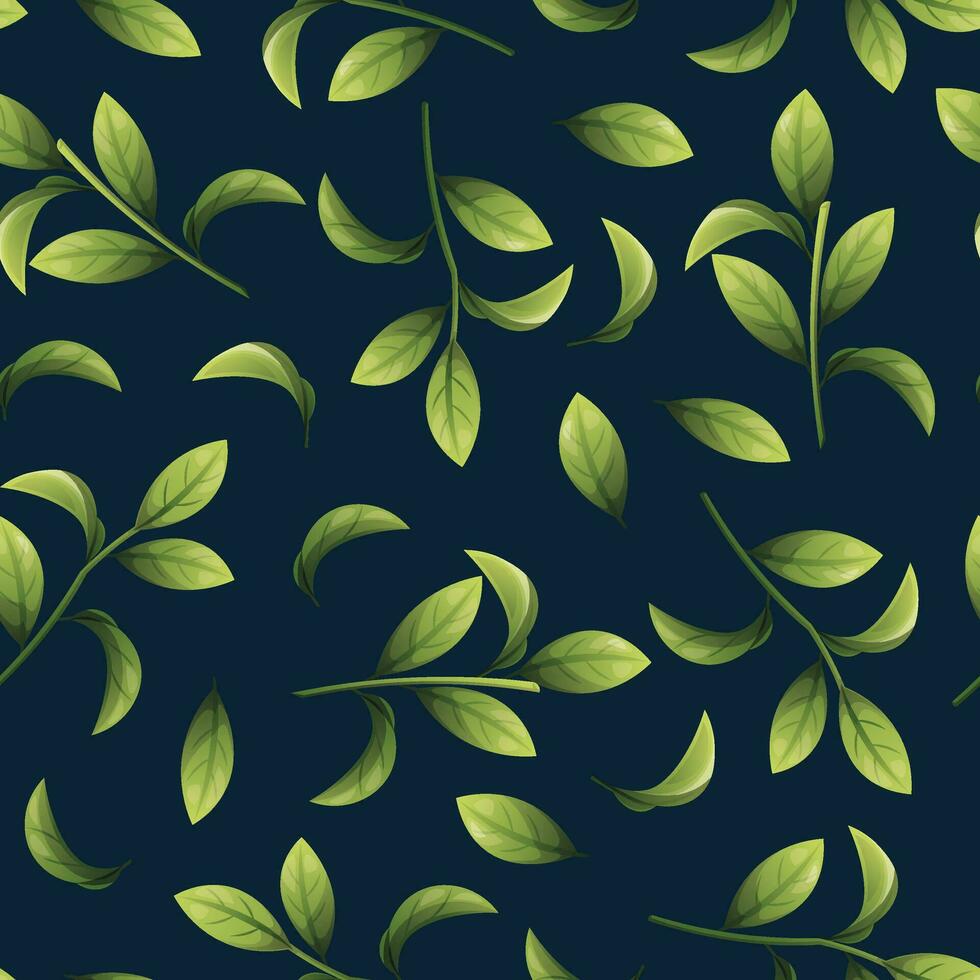 Seamless pattern of green leaves. Blueberry leaf texture. Twigs for fabric, wallpaper, wrapping paper, etc. vector