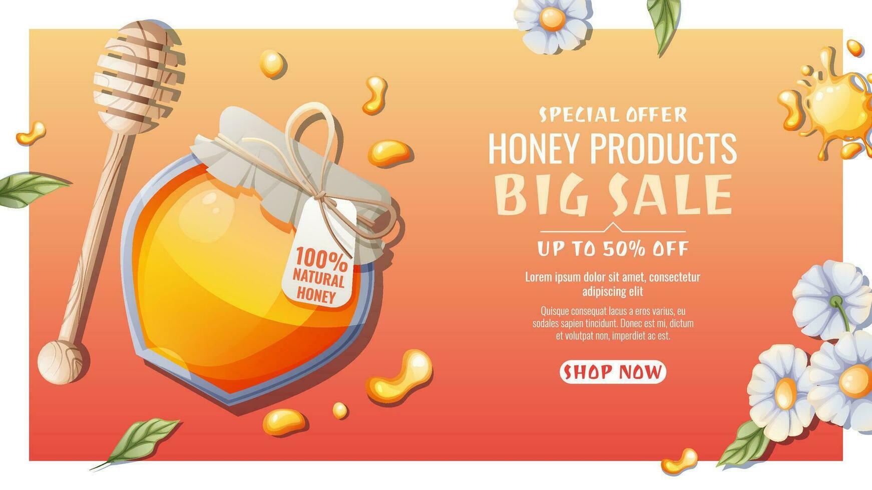Honey jar with spoon, drops and flowers. Honey products from wild flowers. Discount banner, background, poster for honey shop. Natural, healthy product, sweetness, vector