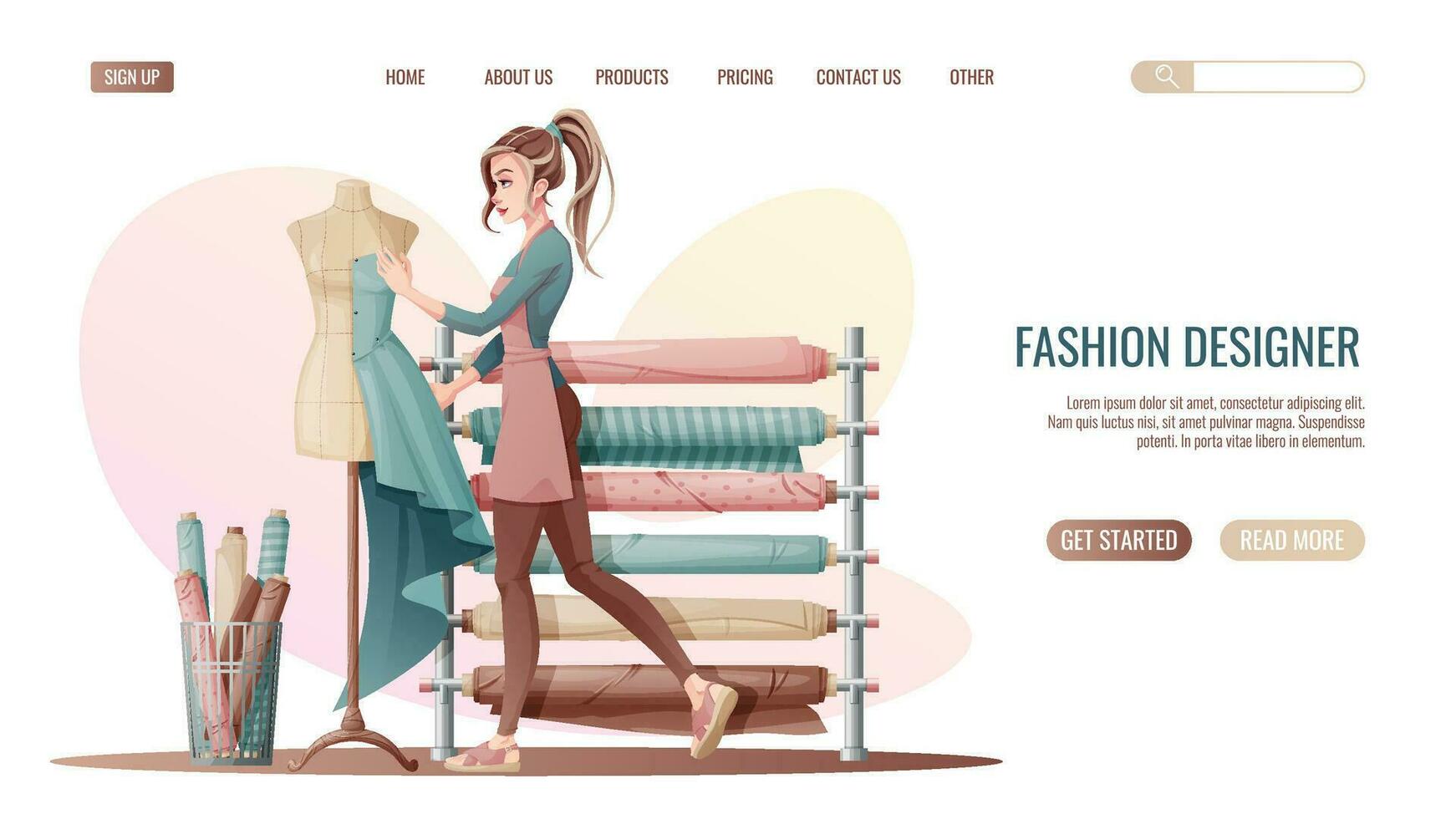 Sewing workshop landing page or web banner template. A woman seamstress creates a dress on a mannequin. Fashion designer or tailor. vector