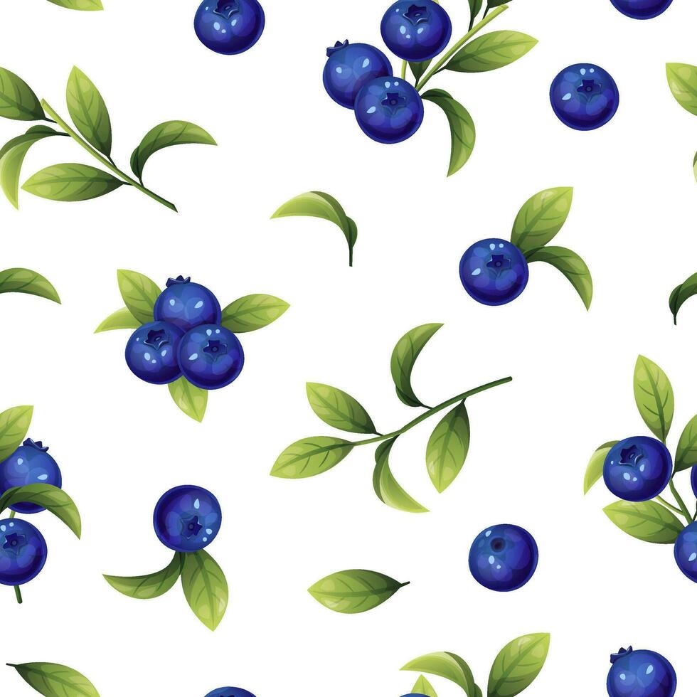 Seamless pattern of blueberries. Texture of blue berries and leaves. Blueberry sprigs for fabric, wallpaper, wrapping paper, etc. vector