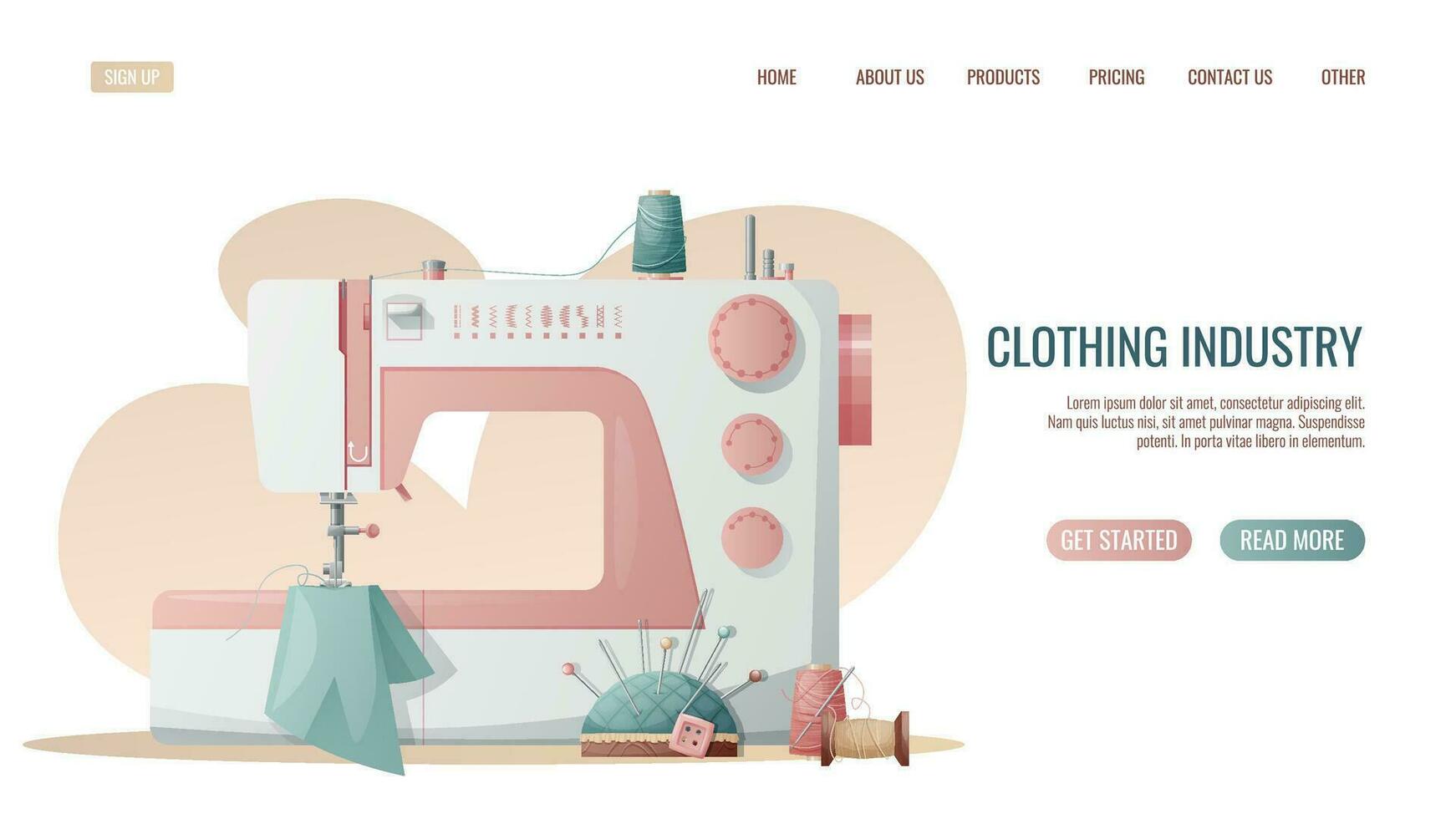 Sewing workshop landing page or web banner template.Hand drawn illustrations of sewing tools, sewing machine. Pre-made landing for dressmaking, tailoring school vector