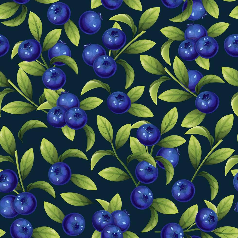 Seamless pattern of blueberries. Texture of blue berries and leaves. Blueberry sprigs for fabric, wallpaper, wrapping paper, etc. vector