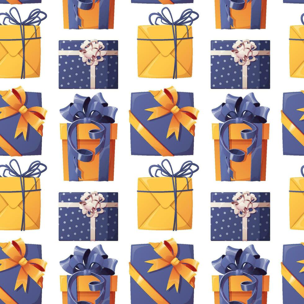 sin costura modelo con regalo cajas y cintas y arcos antecedentes para nuevo año, Navidad, cumpleaños. textura para envase papel, fondos de pantalla, telas, etc. vector