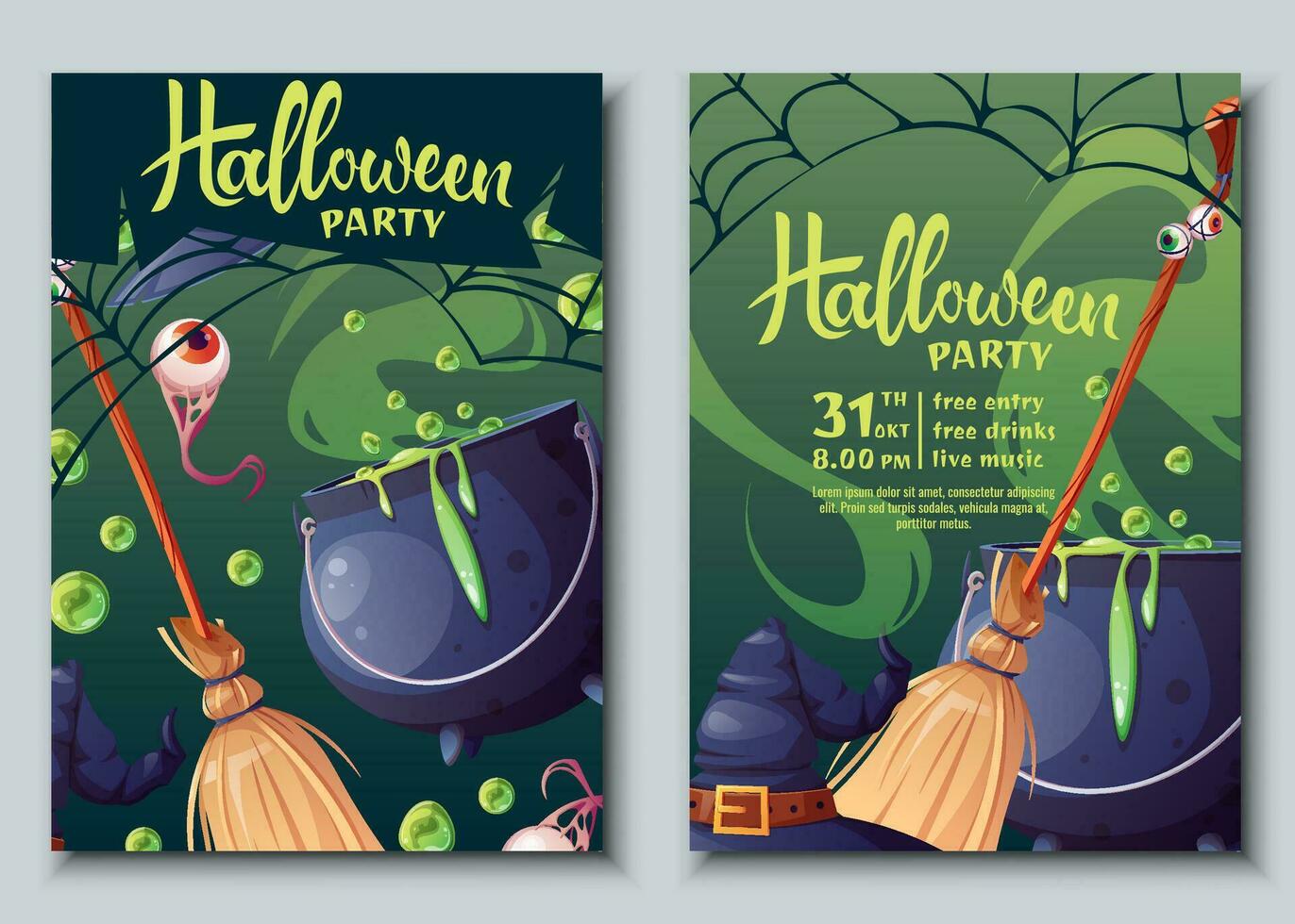 Set of Halloween party invitation templates. Flyer, banner for All Saints Day. Witch s cauldron, broom, hat, spider s web. Greeting card for the holiday. vector