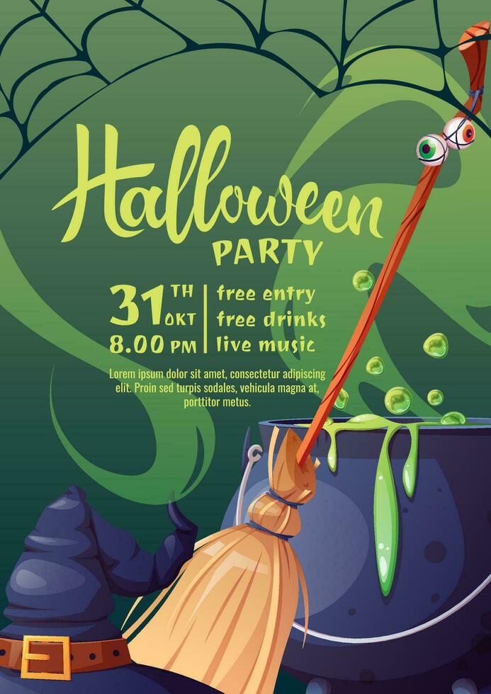 Halloween party invitation card template. Flyer, banner for All Saints Day. Witch s cauldron, broom, hat, spider s web. Greeting card for the holiday. vector