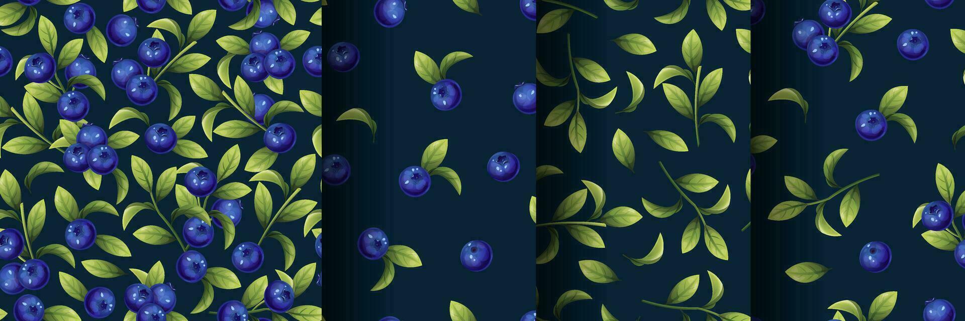 Set Seamless pattern of blueberries on a dark background. Texture of blue berries and leaves. Blueberry sprigs for fabric, wallpaper, wrapping paper, etc. vector