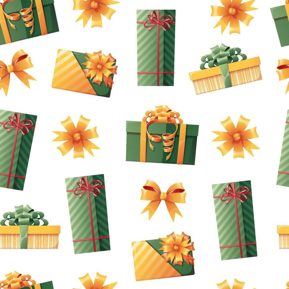 sin costura modelo con regalo cajas y cintas y arcos antecedentes para nuevo año, Navidad, cumpleaños. textura para envase papel, fondos de pantalla, telas, etc. vector