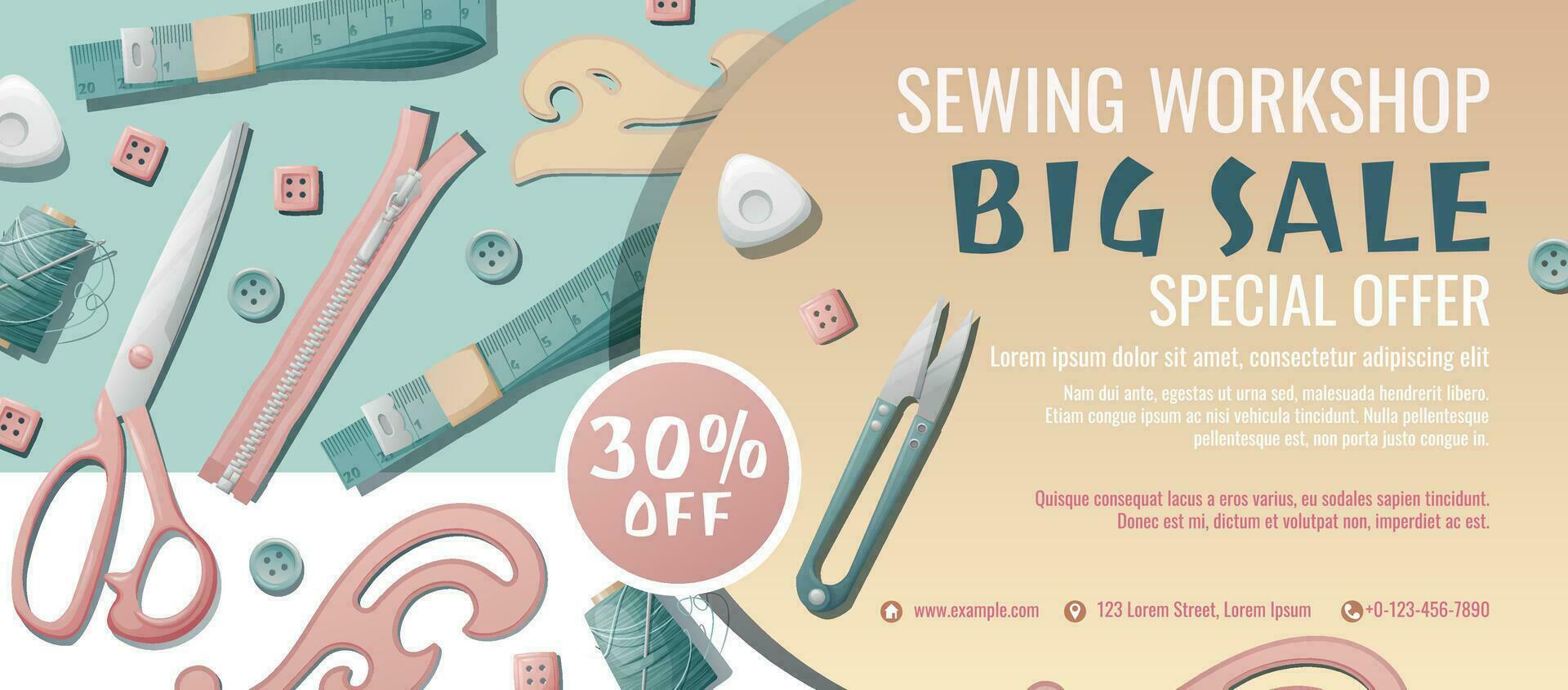 Banner template for sewing workshop. Discount coupon with sewing items. Pattern, template, buttons, thread. Poster for sewing courses, schools, shops, ateliers. Discounts on products and services vector