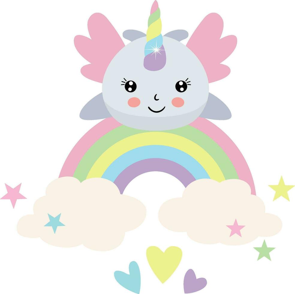 Funny unicorn whale on magic rainbow vector
