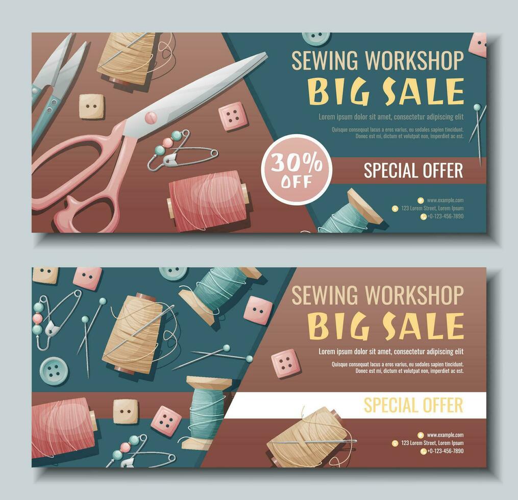 Set of banner templates for sewing workshop. Discount coupon with sewing items. Pattern, template, buttons, thread. Poster for sewing courses, schools, shops, ateliers. Discounts on products vector