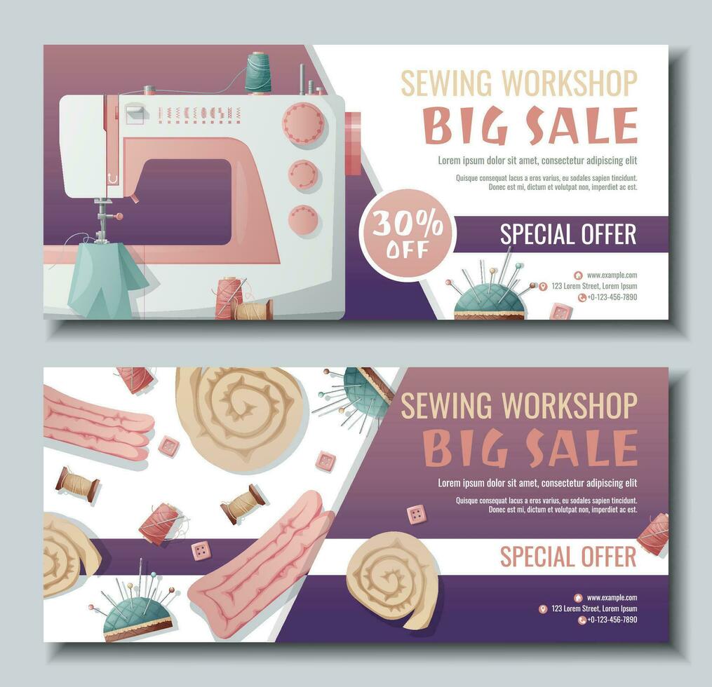 Set of banner templates for sewing workshop.Discount coupon with sewing items. Sewing machine, fabric, threads. Poster for tailoring courses, schools, shops, ateliers, light industry. Banner for sale vector