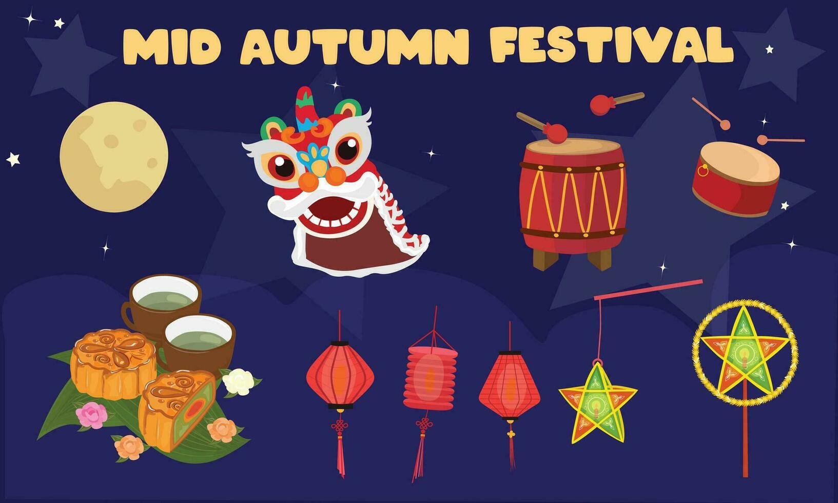 Mid autumn festival vector set.  Moon festival clip art. Drum, star lantern, lantern, lion dance, moon cake, tea cup. Toy for veitnamese children in mid autumn festival. Flat vector in cartoon style.