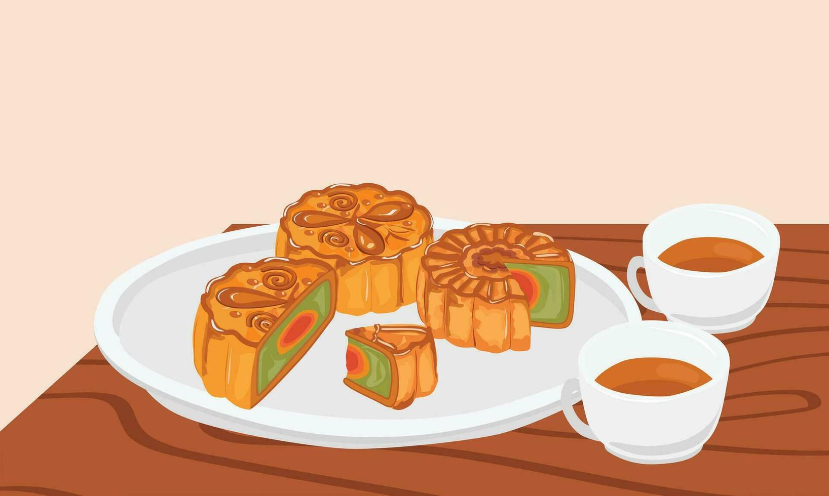 Mooncake and tea vector illustration set. Traditional Chinese mooncake in whole full size, half sliced, pieces, quarter. Mooncake for mid autumn festival. Bakery. Asian food. Moon cake clip art