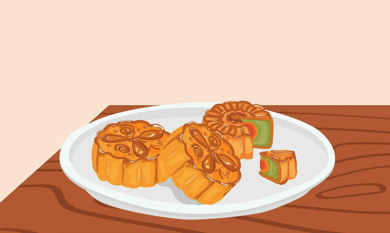 Mooncake vector illustration set. Traditional Chinese mooncake in whole full size, half sliced, pieces, quarter. Mooncake for mid autumn festival. Bakery. Asian food. Moon cake clip art.