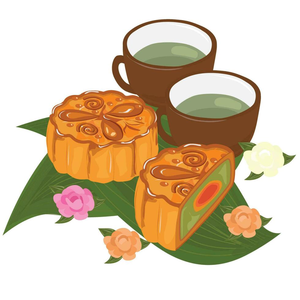 Mooncake and tea vector illustration set. Traditional Chinese mooncake in whole full size, half sliced, pieces, quarter. Mooncake for mid autumn festival. Bakery. Asian food. Moon cake clip art.