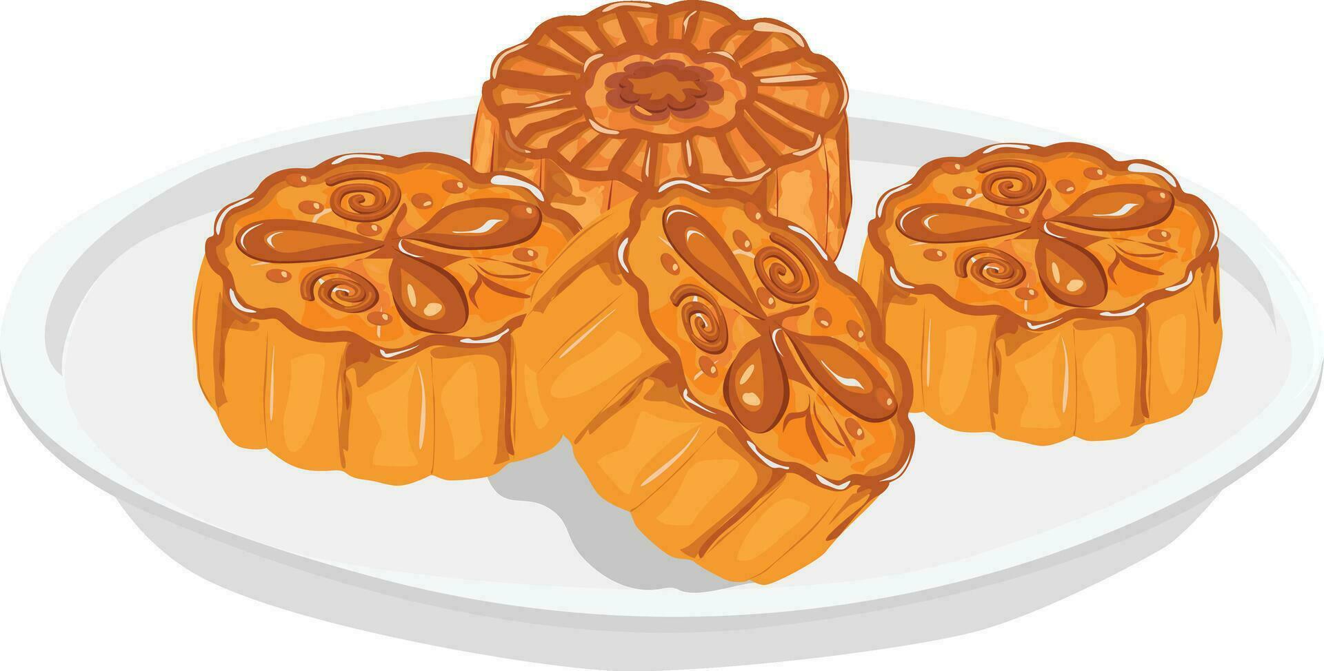 Mooncake vector illustration set. Traditional Chinese mooncake in whole full size, half sliced, pieces, quarter. Mooncake for mid autumn festival. Bakery. Asian food. Moon cake clip art.