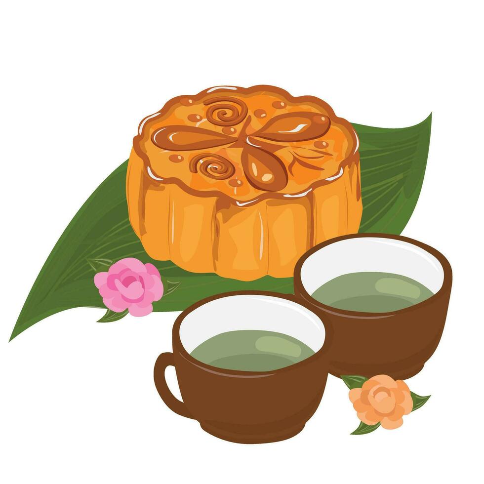 Mooncake and tea vector illustration set. Traditional Chinese mooncake in whole full size, half sliced, pieces, quarter. Mooncake for mid autumn festival. Bakery. Asian food. Moon cake clip art.