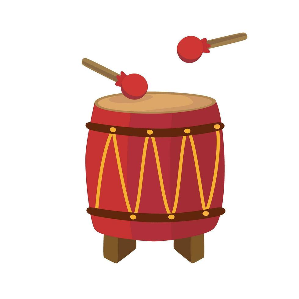 Drum vector set  with drum sticks. Musical instrument clip art. Percussion. Drum for lion dance performance or dragon boat festival. Toy for kids in mid autumn festival or for cheering fans.