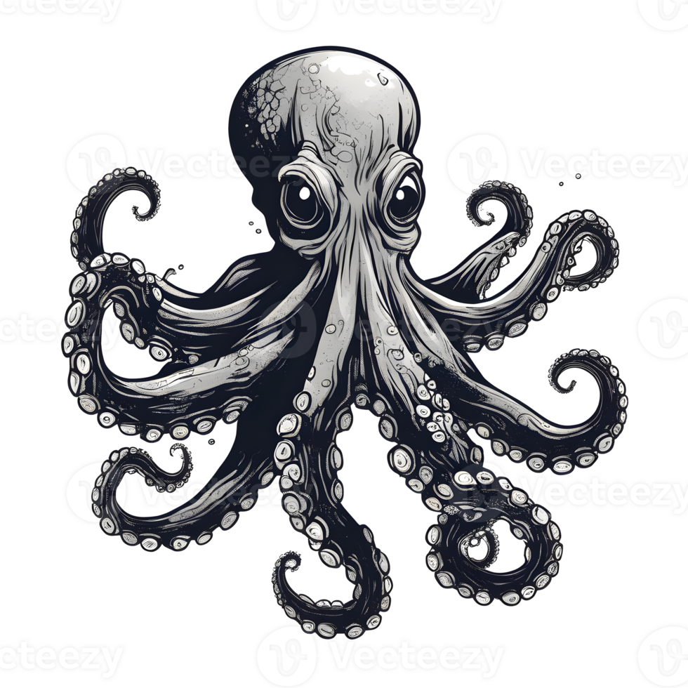Illustration for a t-shirt screen, about an octopus zombie. in deep ocean. ai generative png