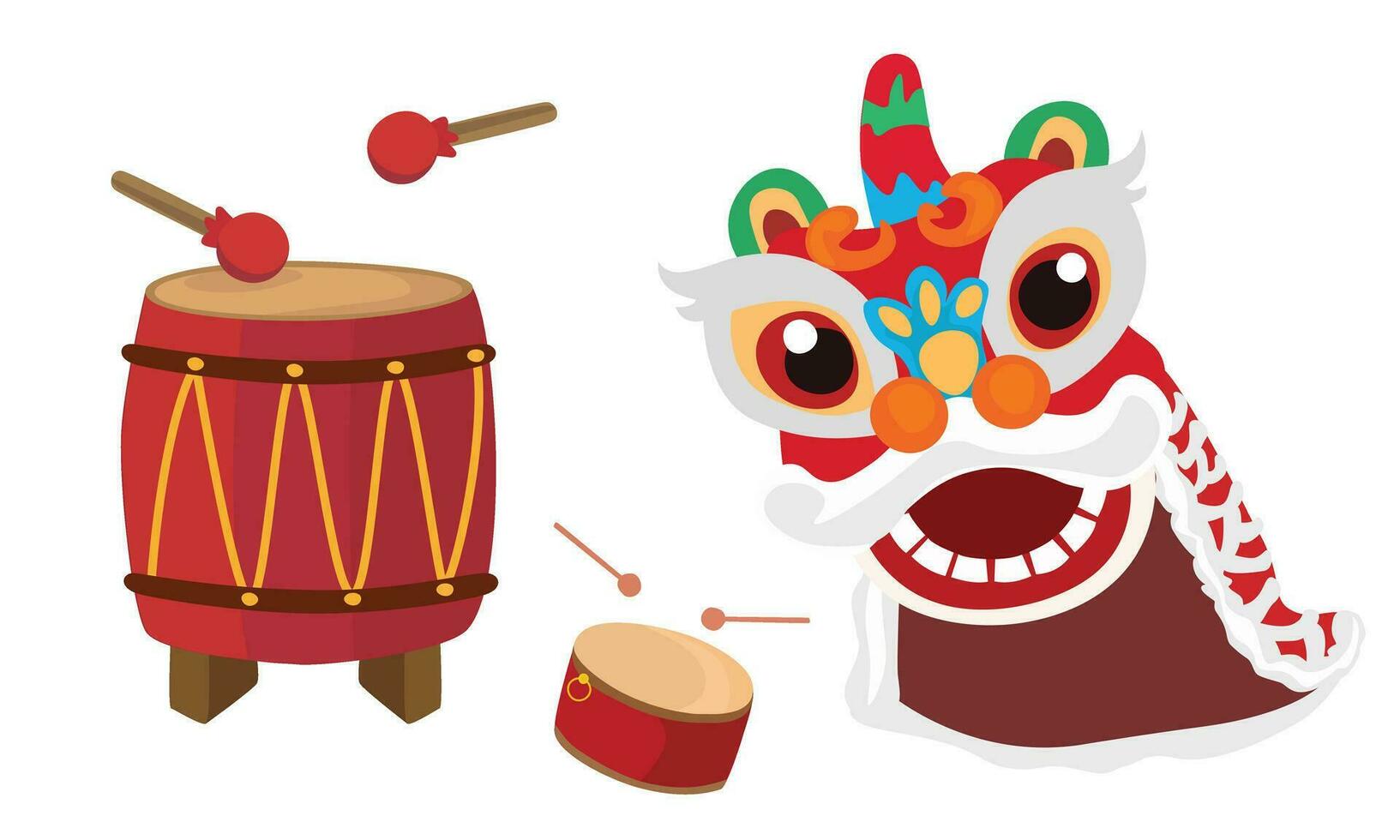 Chinese lion dance vector illustration with lion head and drum. Lion head dancing. Mid autumn concept. Happy lunar new year. Flat vector in cartoon style isolated on white background.