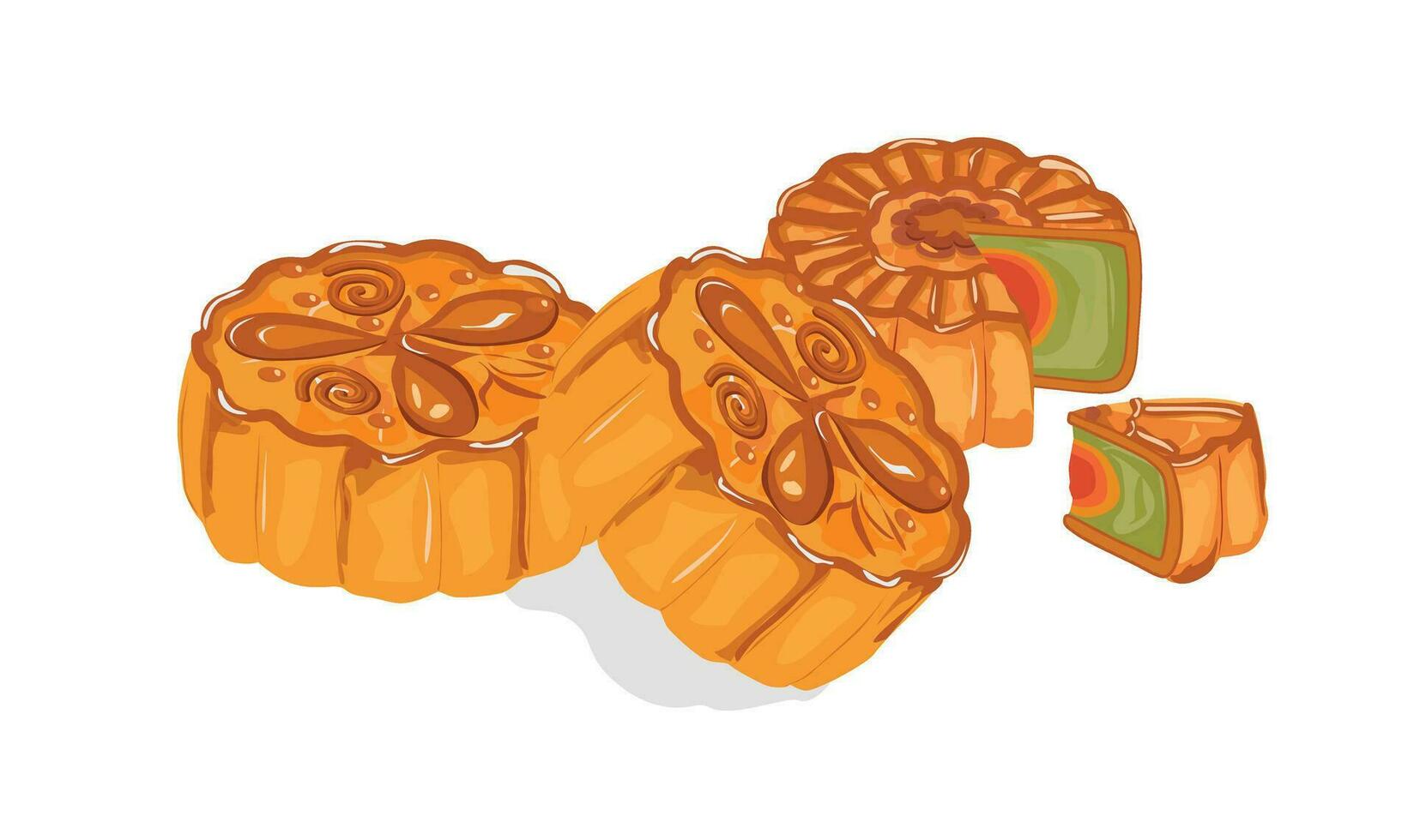 Mooncake vector illustration set. Traditional Chinese mooncake in whole full size, half sliced, pieces, quarter. Mooncake for mid autumn festival. Bakery. Asian food. Moon cake clip art.