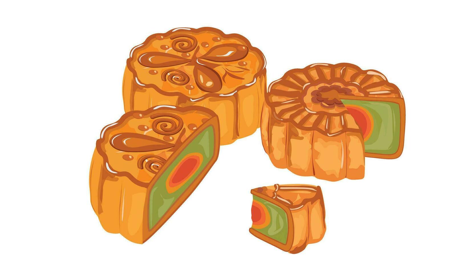 Mooncake vector illustration set. Traditional Chinese mooncake in whole full size, half sliced, pieces, quarter. Mooncake for mid autumn festival. Bakery. Asian food. Moon cake clip art.