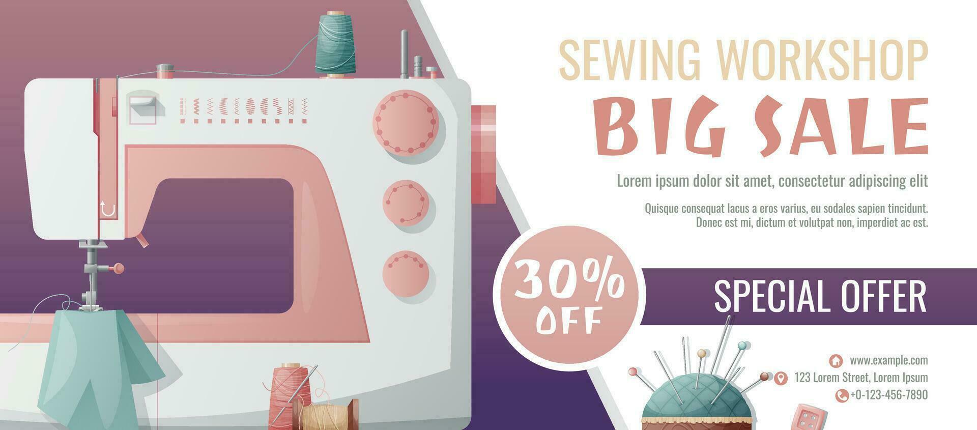 Banner template for sewing workshop. Discount coupon with sewing items. Sewing machine, fabric, threads. Poster for tailoring courses, schools, shops, ateliers, light industry. Banner for sale of good vector