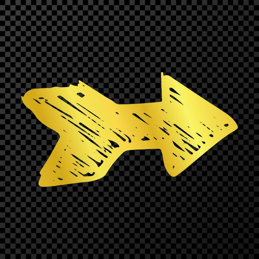 Gold hand drawn arrow. Sketch of gold doodle arrow isolated on dark background. Vector illustration.