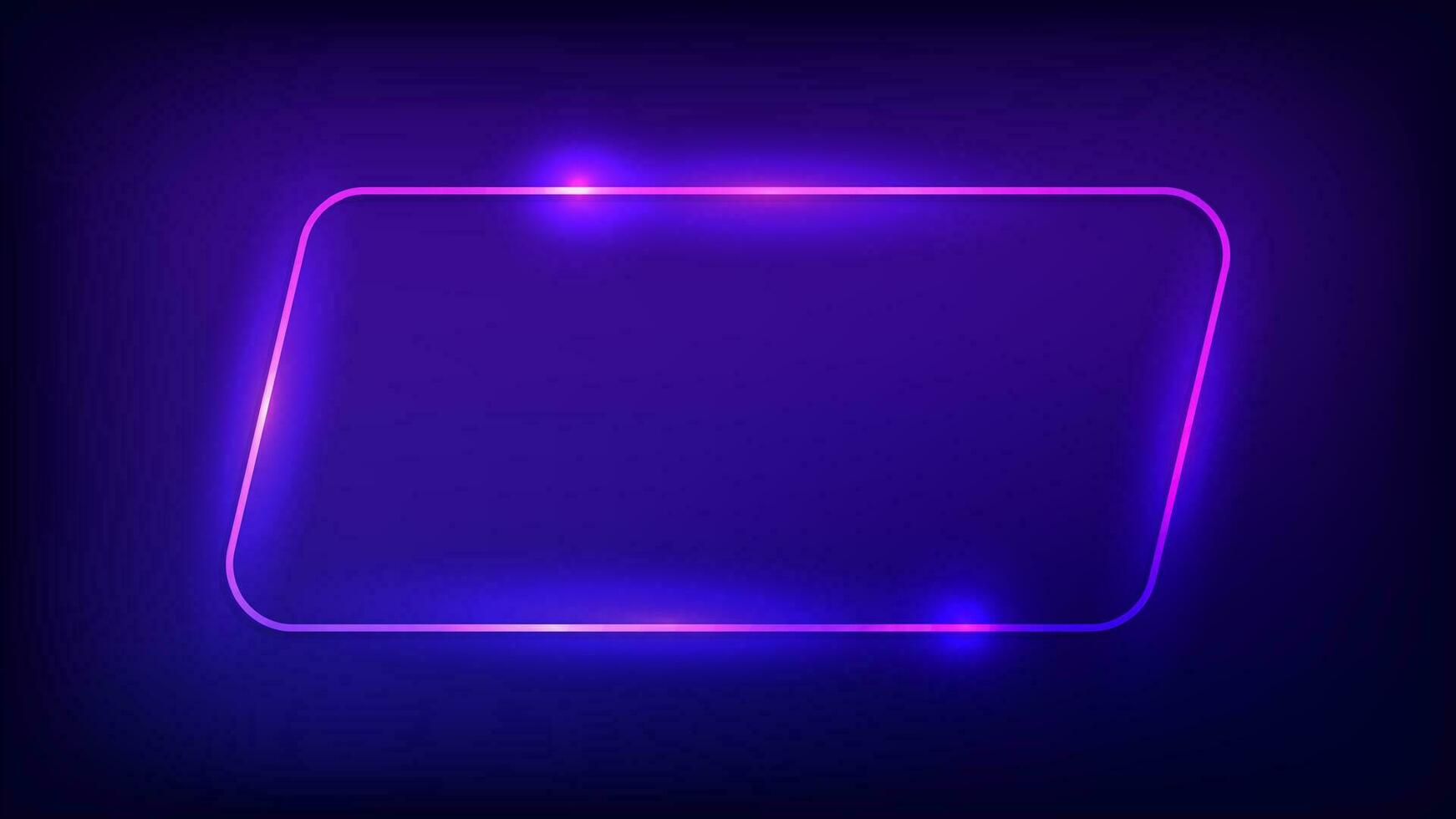 Neon rounded parallelogram frame with shining effects on dark background. Empty glowing techno backdrop. Vector illustration.