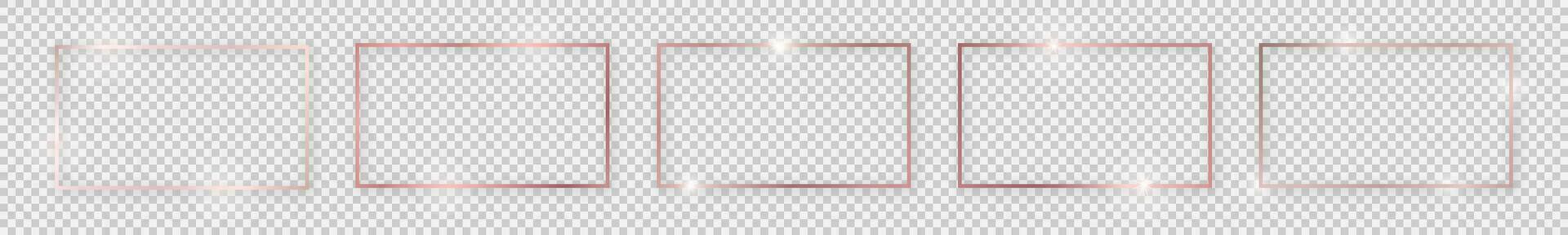 Set of five rose gold shiny rectangular frames with glowing effects and shadows on background. Vector illustration