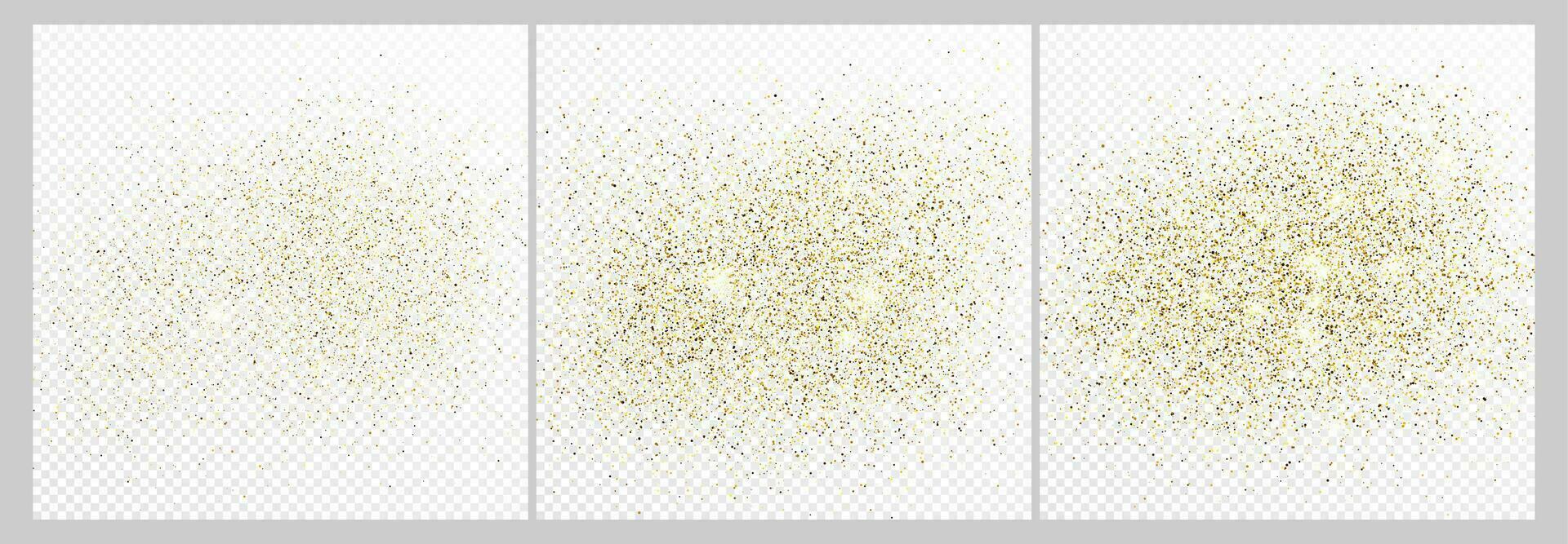 Set of three gold glitter confetti backdrops isolated on white backgrounds. Celebratory texture with shining light effect. Vector illustration.