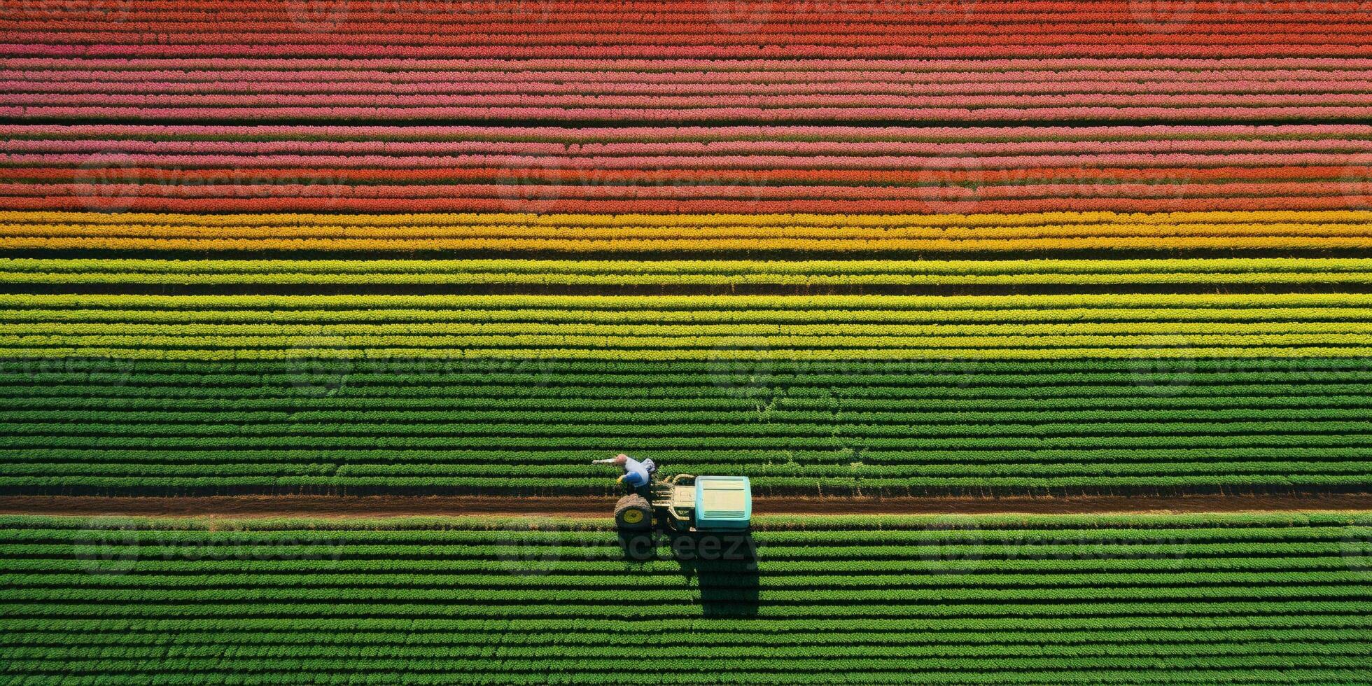 Generative AI, Farm colorful landscape, agricultural fields, beautiful countryside, country road. Nature Illustration, top view drone, horizontal banner. photo