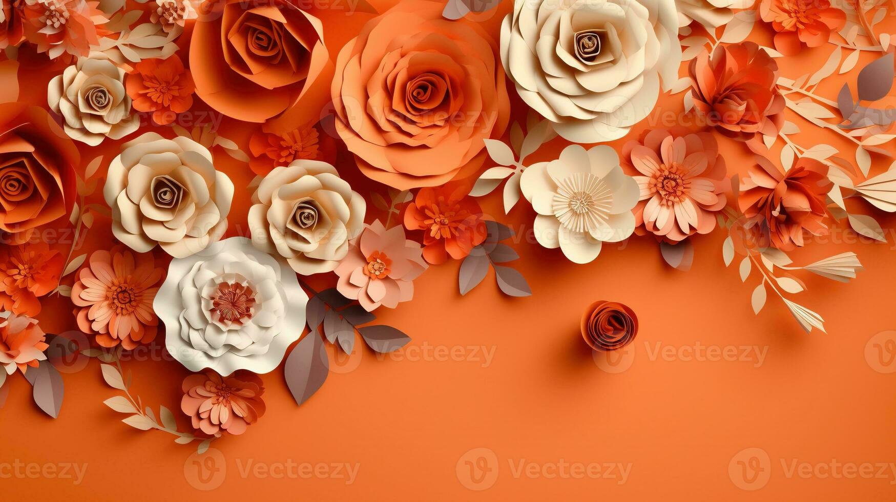 Generative AI, Paper cut craft flowers and leaves, apricot crush orange color, origami textured background, spring mood. Floral frame layout. photo