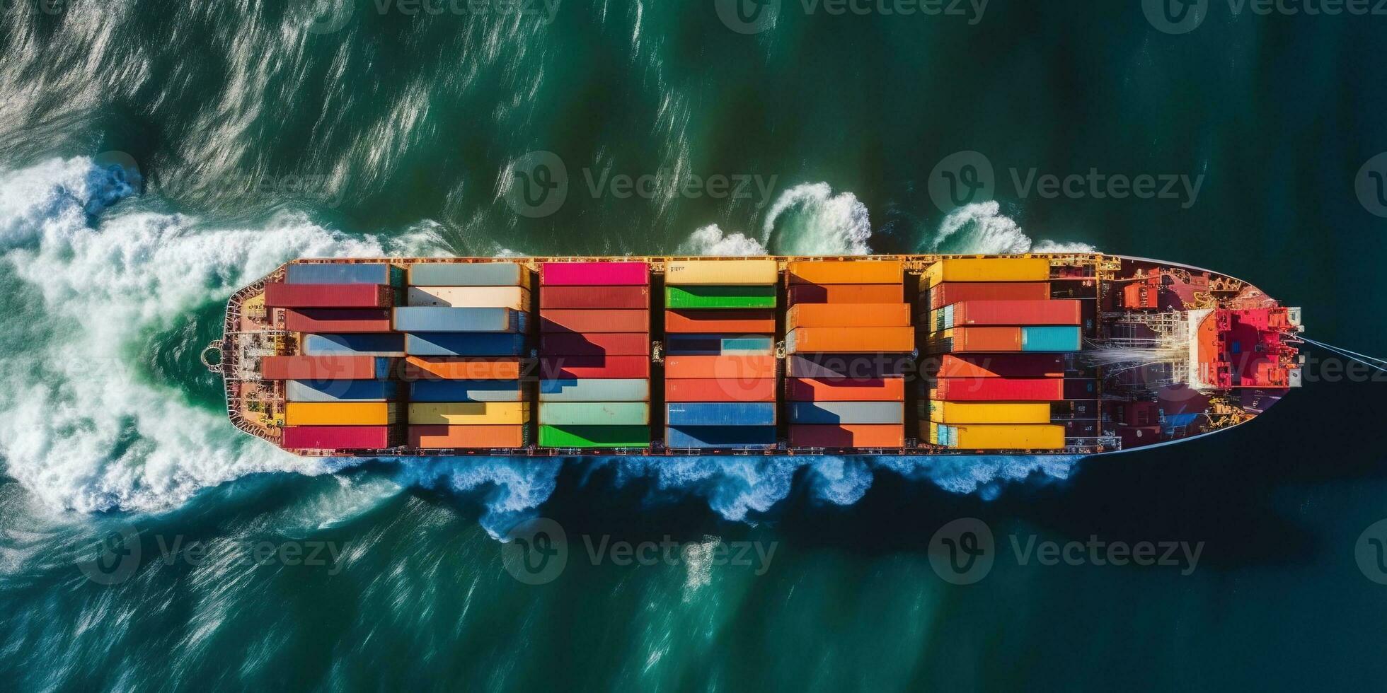 Generative AI, container ship in import export and business logistic. Aerial view, water transport, cargo shipping in open sea. photo